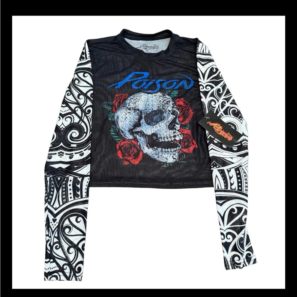 Poison Band Sheer Mesh Long Sleeve Top Skull Roses Tattoo Graphic NWT Women Med